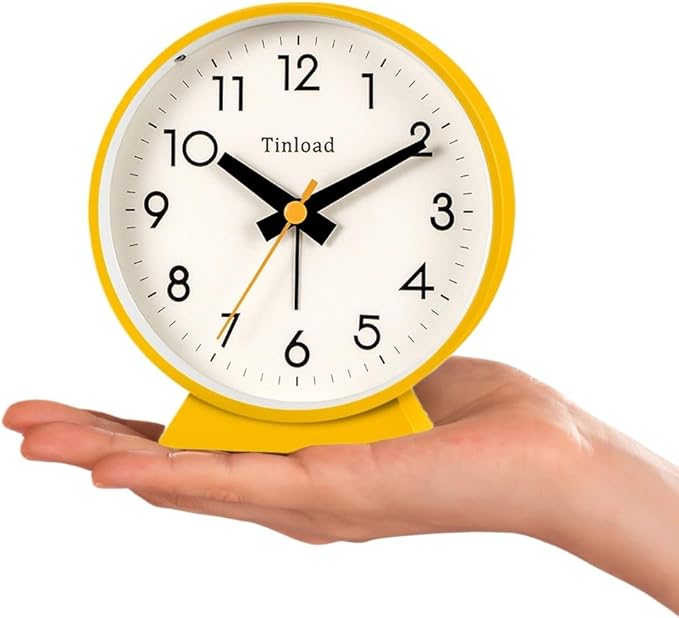 4.5" Battery Operated Antique Retro Analog Alarm Clock, Small Silent Bedside Desk Clock,Lighted on Demand, Battery Operated, Snooze, for Living Room, Bedroom, Bedside, Desk(Yellow)