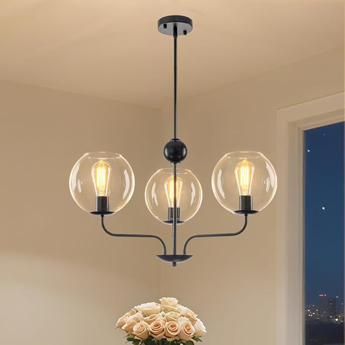 3-Light Modern Globe Cluster Pendant Lighting Chandelier with Clear Glass Spheres and Black Metal Frame