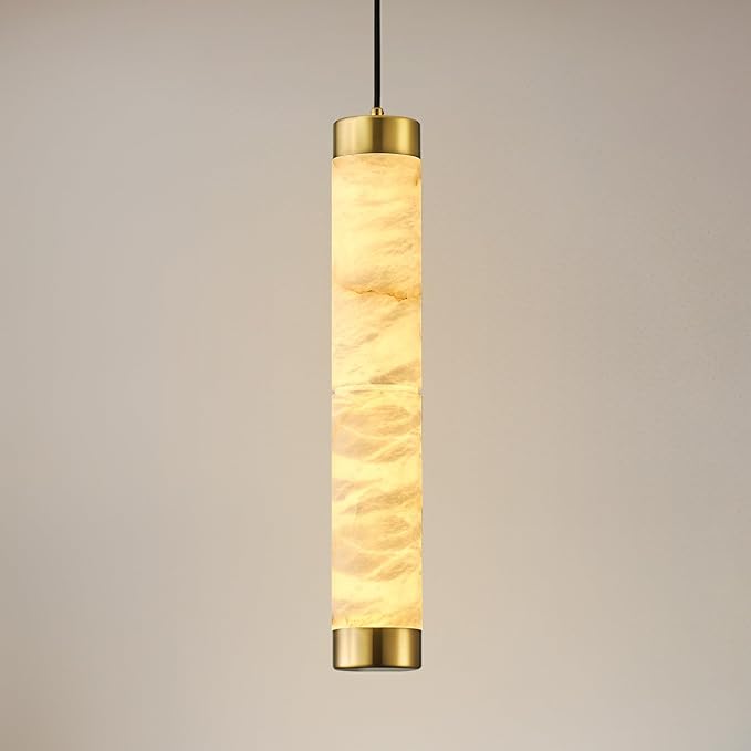 20" Alabaster Pendant Lights, Natural Marble Cylinder Brass Pendant Light, Adjustable Modern Ceiling Light Fixtures for Kitchen Island, Dining Room, Bedroom, Living Room, Bathroom