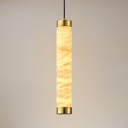20" Alabaster Pendant Lights, Natural Marble Cylinder Brass Pendant Light, Adjustable Modern Ceiling Light Fixtures for Kitchen Island, Dining Room, Bedroom, Living Room, Bathroom