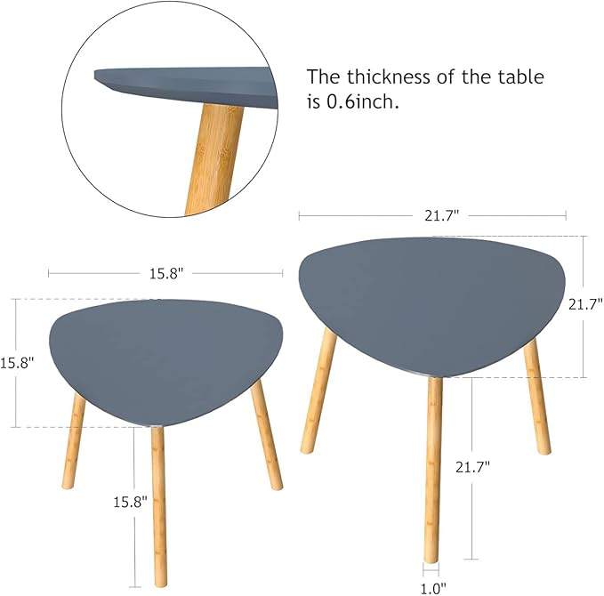 Nesting Table Set of 2 Bamboo End Table for Living Room Side Table for Bedroom Triangle Modern Coffee Table (Gray)