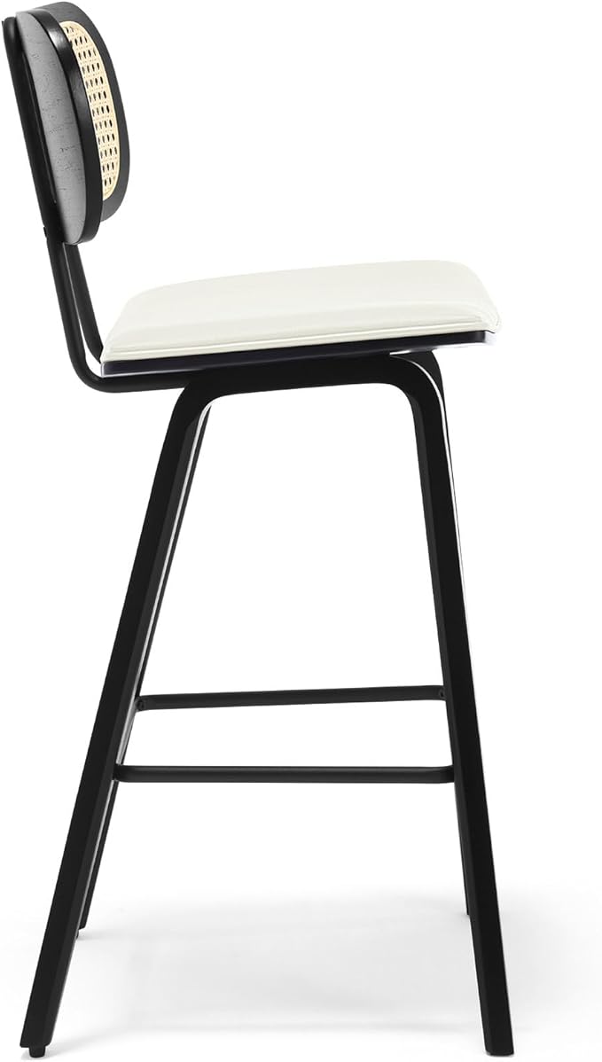 Counter Height Bar Stools, 26" PU Leather Upholstered Rattan Barstools, Mid Century Modern Bar Chairs with Black Wood Legs, Armless Walnut Kitchen Island Dining Bar Chair, White