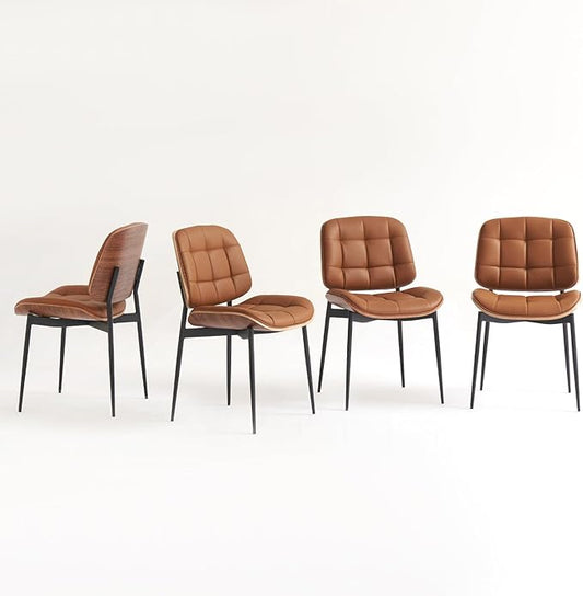 Mid Century Modern Dining Chairs with Walnut Grain Back, Brown Faux Leather Dining Room Chairs Set of 4, Checkered Soft Cushion Kitchen Chairs with Adjustable Foot Pads