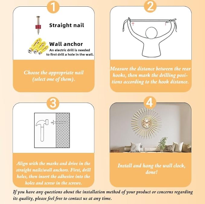 Wall Clock Large 23 Inch - Starburst Sunburst Round Gold, Modern Non-Ticking Battery Operated Silent Decorative Clock for Living Room Bedroom Kitchen Office