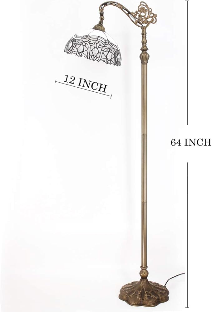WERFACTORY Tiffany Floor Lamp White Crystal Bent Stained Glass Arched Lamp 12X18X64 Inches Gooseneck Adjustable Corner Standing Reading Light Decor Bedroom Living Room S508W Series