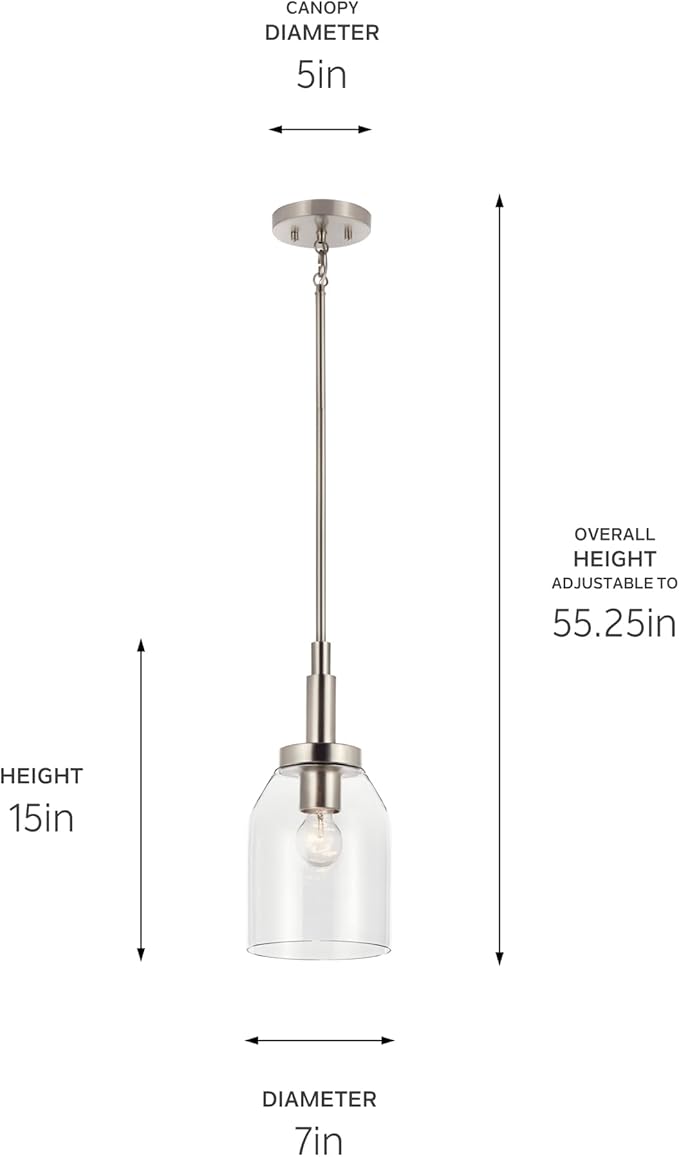 KICHLER Madden 1-Light Mini Pendant with Clear Glass in Brushed Nickel, Sloped Ceiling Compatible, for Bathroom or Kitchen (15" x 7"), 52725NI