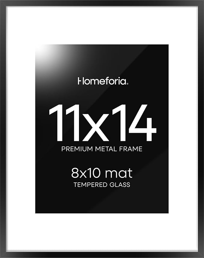 Homeforia Black 11x14 Picture Frame, High End Metal 11x14 Poster Frames with Mat 8x10, 11 x 14 Black Frame Matted to 8 x 10 inch Photo, 11 by 14 Thin Hanging Frames, Tempered Glass, Wall Kit, Set of 1