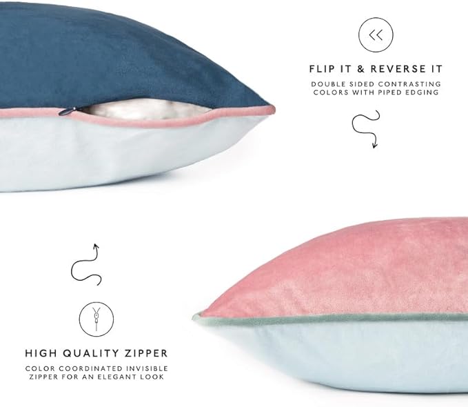 MONDAY MOOSE Decorative Throw Pillow Covers Cushion Cases, Set of 4 Soft Velvet Modern Double-Sided Designs, Mix and Match for Home Decor, Pillow Inserts Not Included (16x16 inch, Pink/Blue)