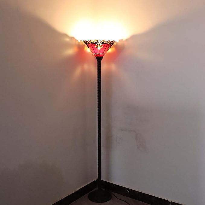 Bieye L10682 Baroque 67 inch Tiffany Style Stained Glass Torchiere Floor Lamp with 13 Inch Wide Handmade Lampshade, Metal Base with Dark Brown Baking Finish, Red