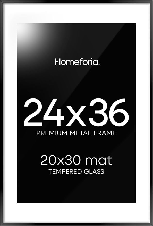 Homeforia 24x36 Picture Frame Black, High End Metal 24 x 36 Large Poster Frames with Mat 20 by 30 inch Photo, 24x36 Thin Frame Matted to 20x30 in Print, 36x24 Frame, Tempered Glass, Wall Kit, Set of 1