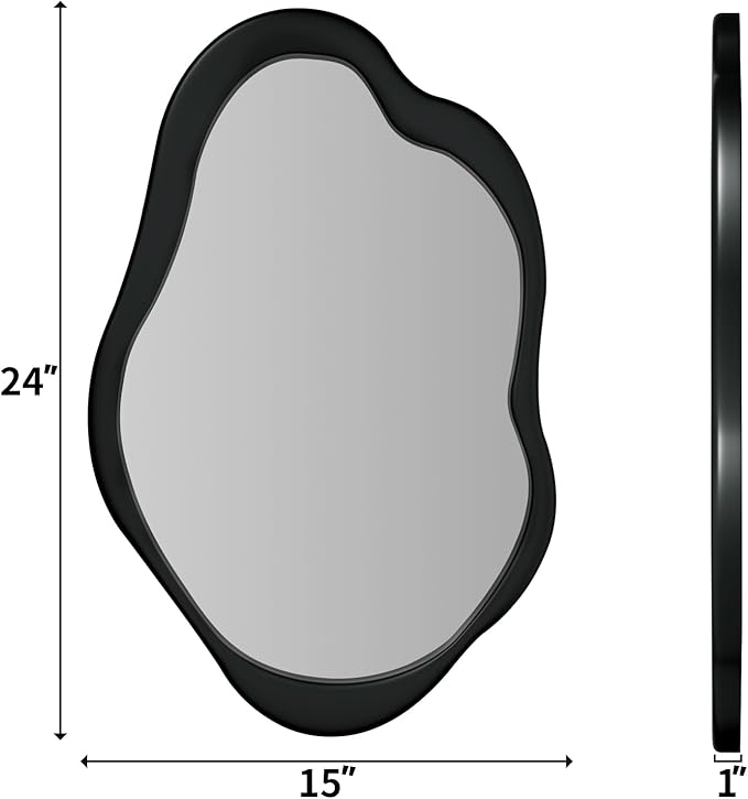 Wavy Mirror with Wood Frame, Modern Decorative Asymmetrical Mirror for Bedroom, Living Room, Entryway (Black, 24x15)