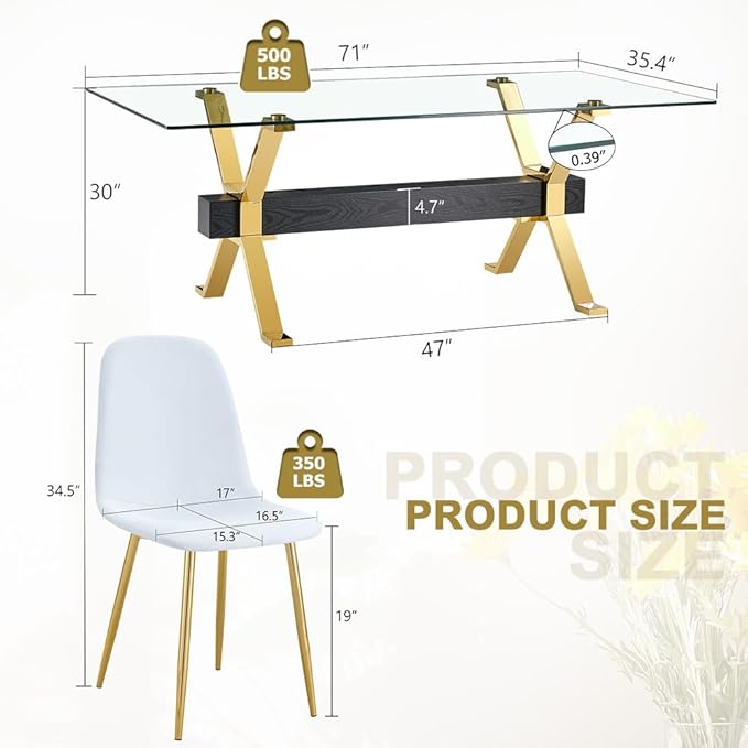 71'' Glass Dining Table Set for 8,9 Piece Dining Table Set with Open‑Frame X‑Shaped Golden Metal Base,Gold Kitchen Table and Chairs Ideal for Dining Room&Home Office