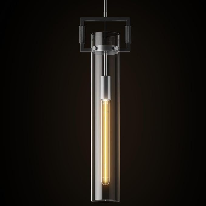 Modern Large Black Pendant Light Fixture 21.6 Inch - Adjustable Hanging Chandelier with Glass Shade & Brass Finish, Island Lighting for Kitchen, Dining Room, Bedroom, Bathroom