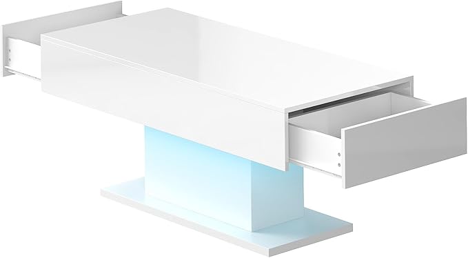 White Led Coffee Table with 2 Storage Drawers for Living Room, Living Room Table Rectangular Center Table, Modern High Glossy Wooden Coffee Tables with Lights for Dining Reception Room