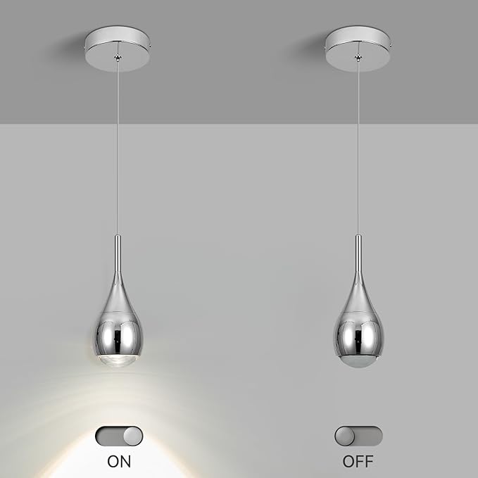 Pendant Lights Kitchen Island, Modern Chrome Pendant Light fixtures, LED Dimmable Hanging Pendant Lighting for Over Sink,Bar,Dining Room,Bedside,Lens COB 4000K(1-Pack)