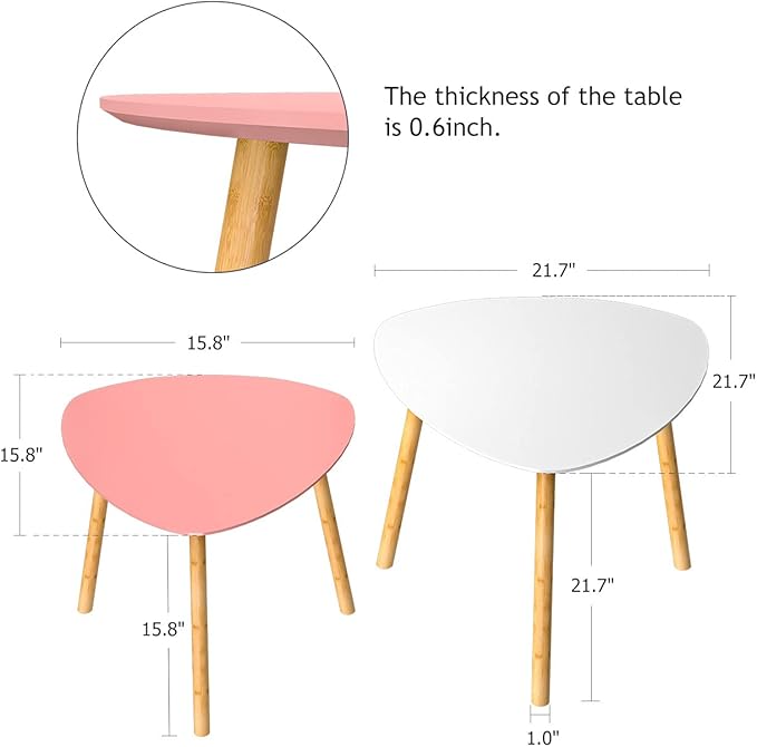 Bambloom Bamboo Nesting Coffee Tables - Small Coffee Table for Living Room, Set of 2 Triangle End Table Modern Side Table for Bedroom Apartment Balcony Yard Small Spaces, (White & Pink)