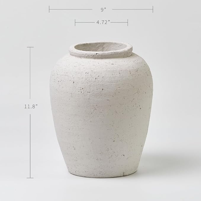 LB2 Large White Ceramic Vase, 11.8" Tall Zen Style vase, Terra Cotta Pitcher Vase, Distressed Farmhouse Decor, Pottery Decorative Flower for Home Decor (H 11.8" X 9.8")