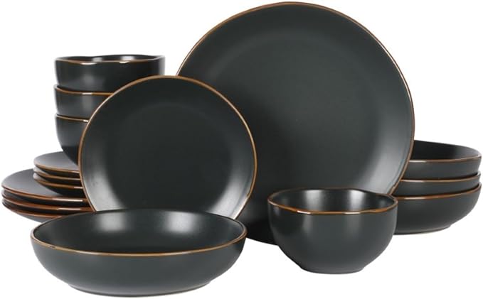 Gibson Home Hazeltine 16 Piece Plates and Bowls Dishes Stoneware Ceramic Dinnerware Set - Black