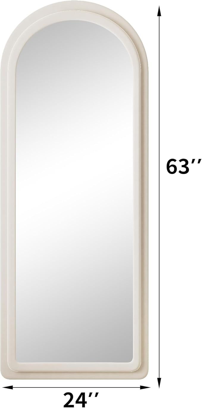 Floor Mirror, Full Length Mirror with Stand, 63"x24" Freestanding Arched Mirror Full Length Hanging or Leaning, Wall Mounted Mirrors with Flannel Frame, Large Mirrors for Bedroom (White)