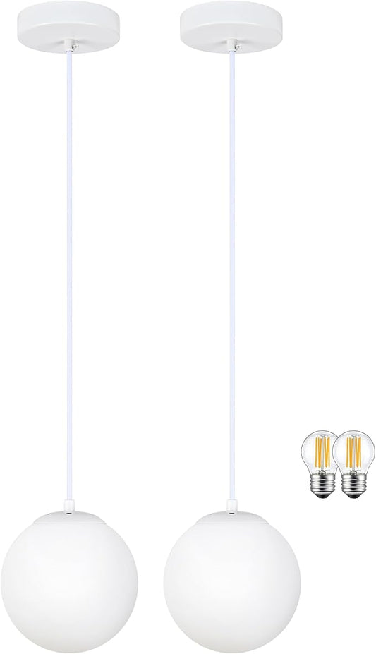KoKo&Yukina 6 Inch Globe Pendant Light White Globe Pendant Lights Kitchen Island Mid Century Light Fixture with Milky White Glass Shade for Dining Room (2 Pack)