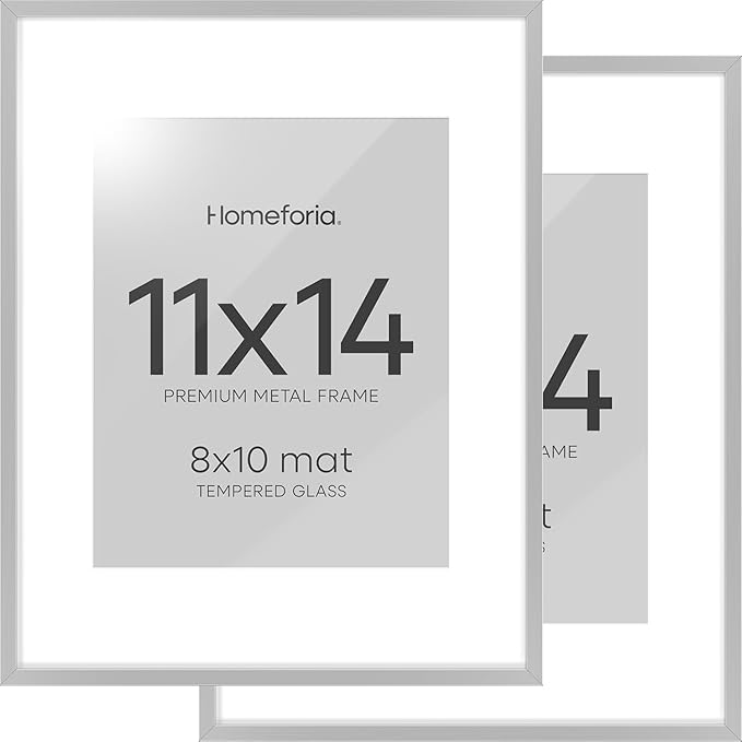 Homeforia 11x14 Picture Frame Silver, High End Metal 11x14 Frames with Mat 8x10, 11 x 14 Silver Poster Frame Matted to 8 x 10 inch Photo, 11by14 Thin Hanging Frames, Tempered Glass, Wall Kit, Set of 2