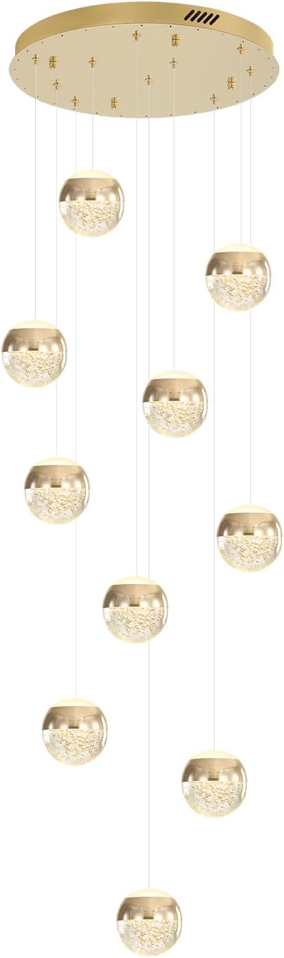 LED Staircase Chandelier Crystal Globe Pendant Light Gold Large Chandeliers for High Ceiling,10-Lights Hanging Flush Mount Lighting Fixtures for Foyer,Entryway,Living Room