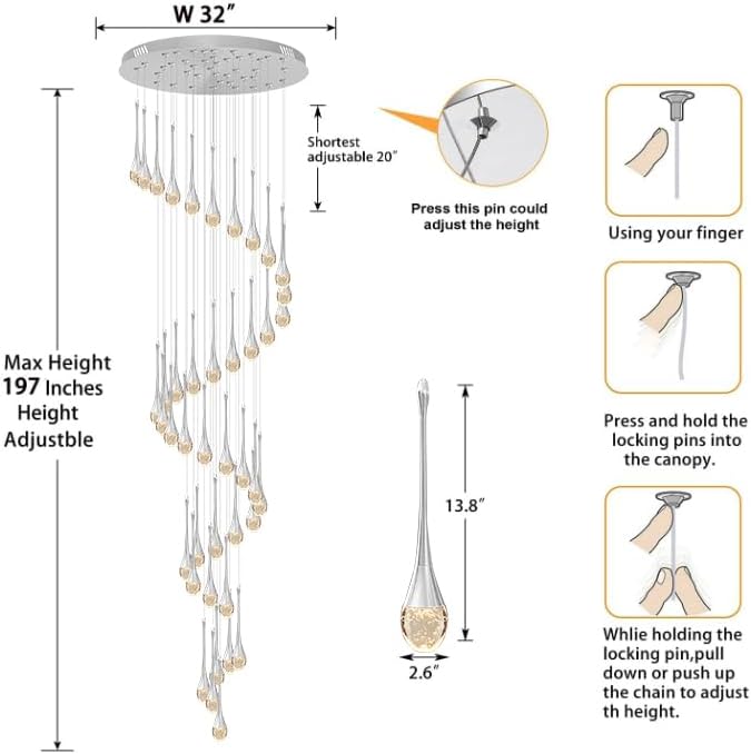 197inches Large Chandeliers for High Ceilings Silver Chandeliers for Entryway High Ceiling Pendant Lights Crystal Drop Light for Living Room Foyer Hallway Staircase