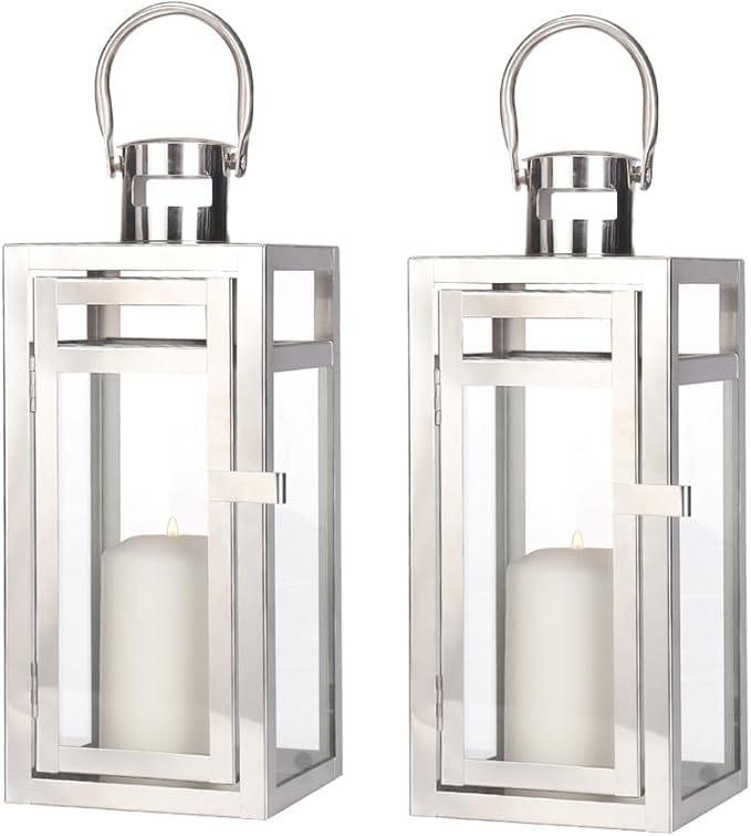 TRIROCKS Set of 2 Stainless Steel Decorative Lantern 12'' High Metal Hanging Lantern with Clear Glass Panels Perfect for Home Decor Living Room Parties Events Tabletop Indoors Outdoors (Silver)