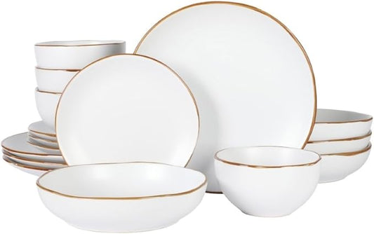 Gibson Home Hazeltine 16 Piece Plates and Bowls Dishes Stoneware Ceramic Dinnerware Set - White