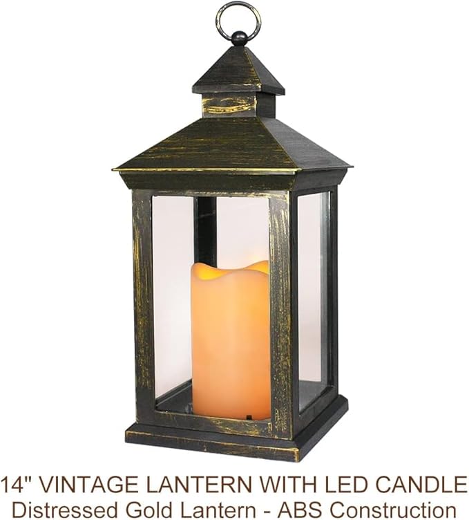 Bright Zeal 14" Tall Vintage Decorative Lantern with LED Pillar Candle (Distressed Gold, Batteries Included) - Outdoor Lights Decorative Hanging - Battery Lantern with Timer - Vintage Candle Light