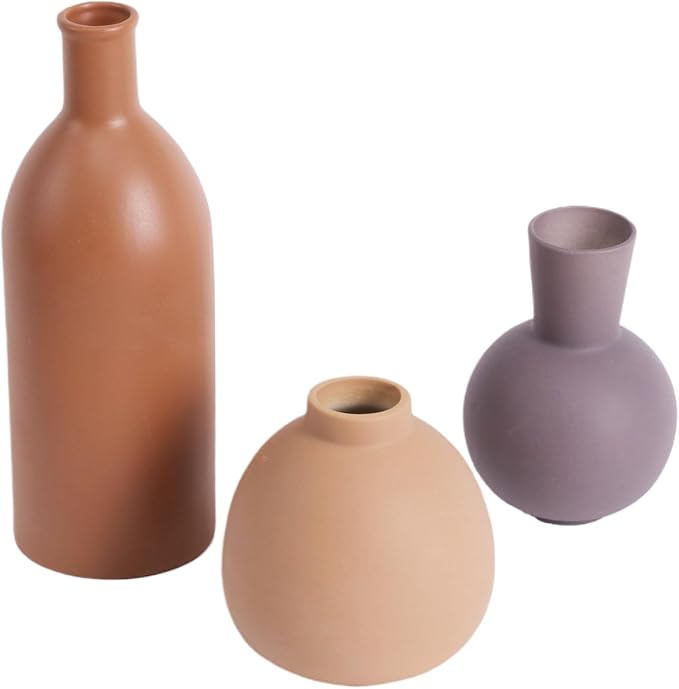 Ceramic Vase Set of 3, Rustic Modern Brown Vases for Bouquet, Fresh or Dried Plants, Home Decor-Modern Decorative Ceramic Flowers Vase for Rustic Home Decor (Brown- Grey)