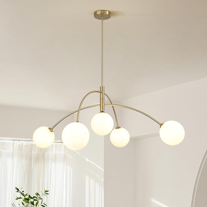 Contemporary Gold Ceiling Light 5-Light Glass Globe Lights Mid Century Modern Sputnik Chandelier for Dining Room Kitchen Bedroom Lighting Fixture