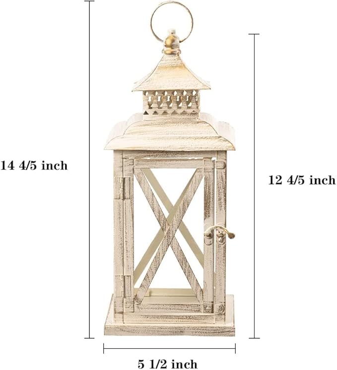 DECORKEY Lantern Decorative Indoor & Outdoor,Large Square Hanging Spring Home Decor, Vintage Metal Decorative Candle Lanterns for Outdoor Patio Wedding Party Beige with Copper Brush