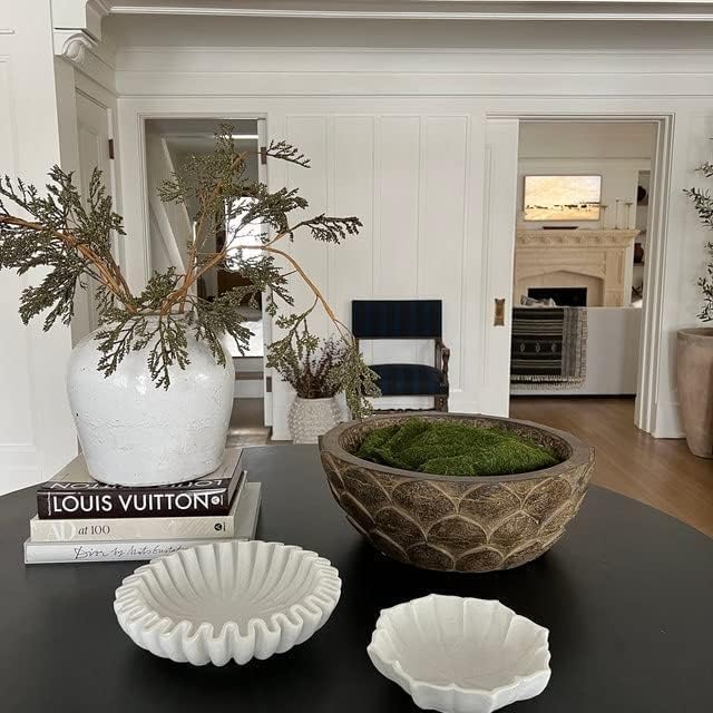 SWADESHI BLESSINGS HandCrafted Marble Ruffle Bowl/Antique Scallop Bowl/Fruit Bowl/Vintage Ring Dish/Decorative Flower Dish/HouseWarming Gift/Wedding Gifts/Urli (8 Inches)