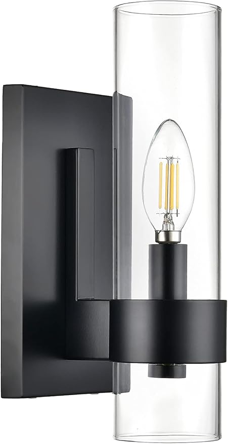 Linea di Liara Teramo Farmhouse Matte Black Wall Lighting Modern Bathroom Wall Lights for Hallway and Bedroom Wall Sconce Lighting Fixture - Clear Glass Shade