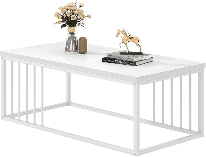 FOLUBAN White Coffee Table, Modern Rustic Wood and Metal Center Table, Industrial Rectangle Cocktail Tea Table for Living Room, White, 43.3 Inch
