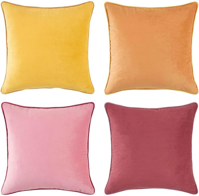 MONDAY MOOSE Decorative Throw Pillow Covers Cushion Cases, Set of 4 Soft Velvet Modern Double-Sided Designs, Mix and Match for Home Decor, Pillow Inserts Not Included (16x16 inch, Yellow/Pink)