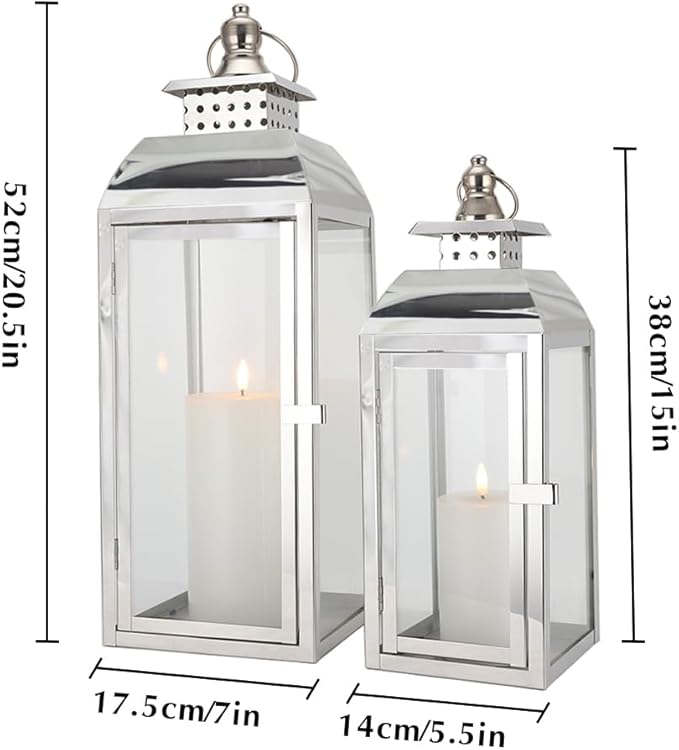 JHY DESIGN Set of 2 Stainless Steel Decorative Candle Lanterns 20.5"&15" High Metal Candle Lanterns for Indoor Outdoor Events Parities Weddings Vintage Style Hanging Lantern