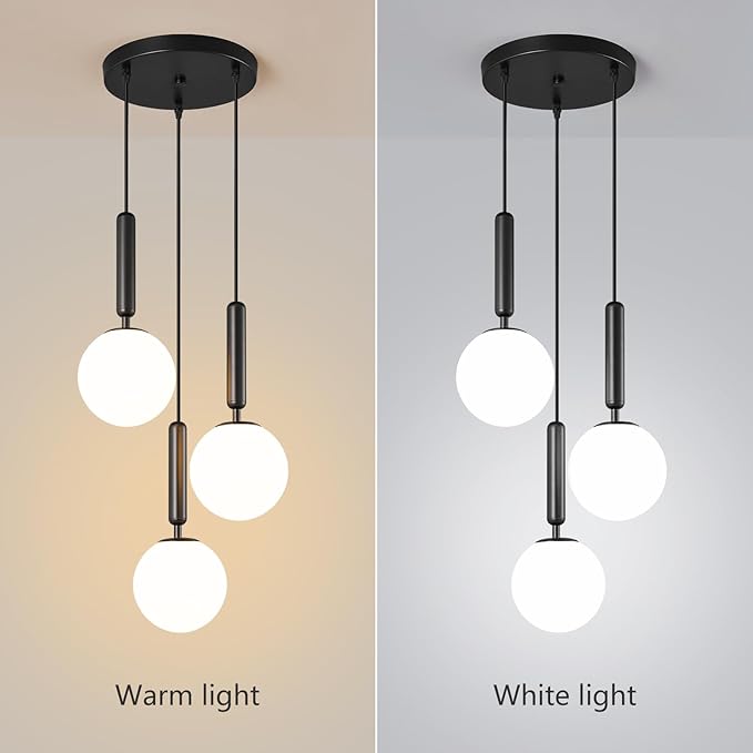 Modern Black Pendant Light Hanging Fixture Light for Kitchen Island Mid Century with Globe Pendant Light Milk White Glass Pendant Lighting for Living Room Bedroom Entryway (3 Lights)