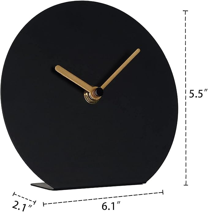 SOFFEE DESIGN 6'' One-Piece Table Clocks Without Scale Modern Minimalist Style Decoration, Iron Silent Quartz Desk Clock Creative Ornaments, Battery Operated Non Ticking for Home Office, Black