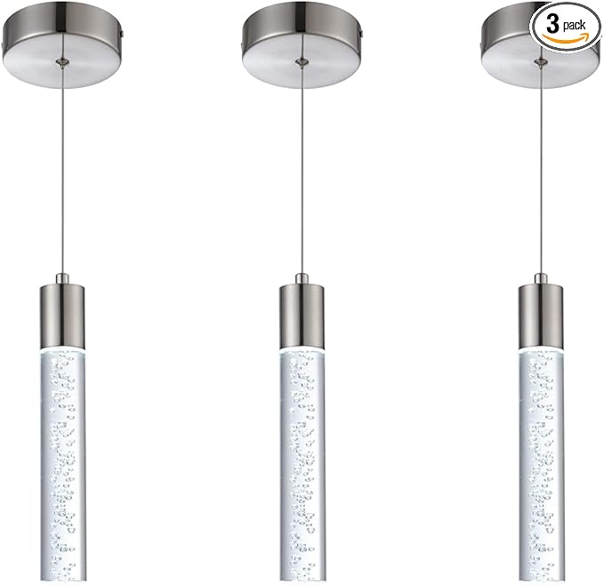 3 Pack Mini Pendant Light,Satin Nickel Kitchen Lighting with Led Bulb, Updated 3D Generation Preminum Bubble Chandelier Light Fixture for Kitchen,Dining Room,Living Room,Corridor……