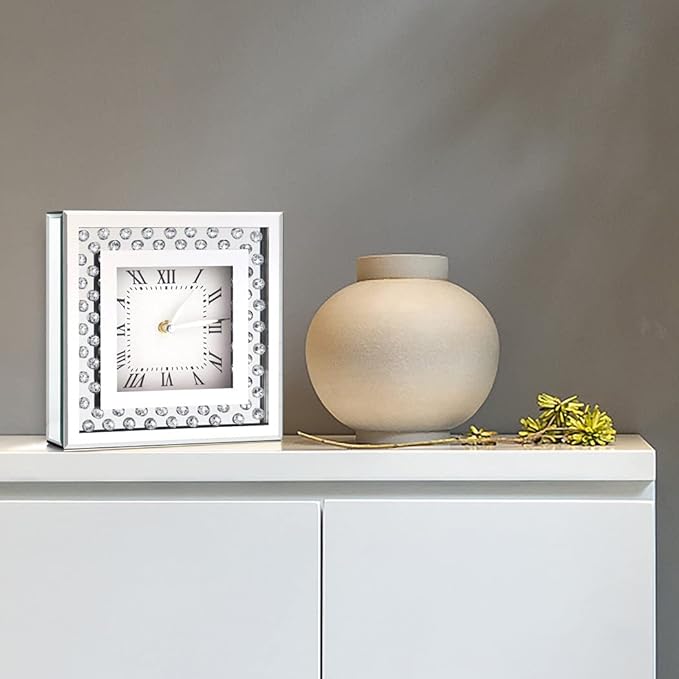 Silent Desk Clocks 8x8x2 Inch Crystal Sparkle Twinkle Bling Square Mirrored Table Top Decorative Clock With Diamond for Home Decoration Silver Mirror Home Decor. AA Battery is not included.