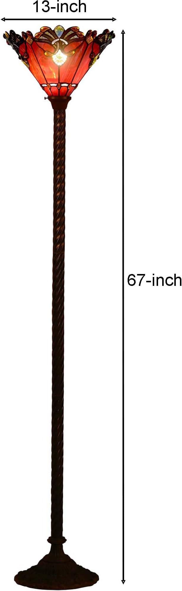 Bieye L10682 Baroque 67 inch Tiffany Style Stained Glass Torchiere Floor Lamp with 13 Inch Wide Handmade Lampshade, Metal Base with Dark Brown Baking Finish, Red
