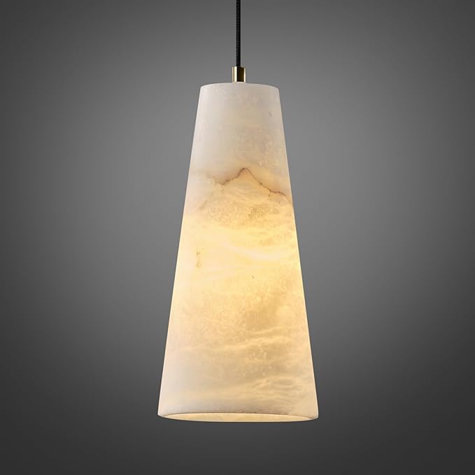 Natural Alabaster Pendant Lights Kitchen Island, H-10in White Pendant Light Fixtures, Light Pendan Marble Conical Shade Copper, for Bedroom Bathroom Dining Room Living Room (Dimmable Bulbs INCL)