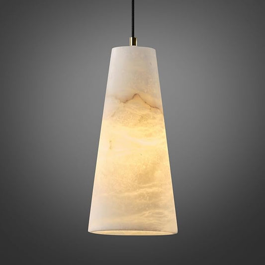 Natural Alabaster Pendant Lights Kitchen Island, H-10in White Pendant Light Fixtures, Light Pendan Marble Conical Shade Copper, for Bedroom Bathroom Dining Room Living Room (Dimmable Bulbs INCL)