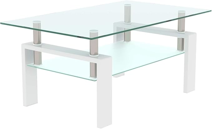 Tempered Glass Coffee Table, Modern 2 Tiers Clear Coffee Table, Size 39.37" x 23.62" (White)