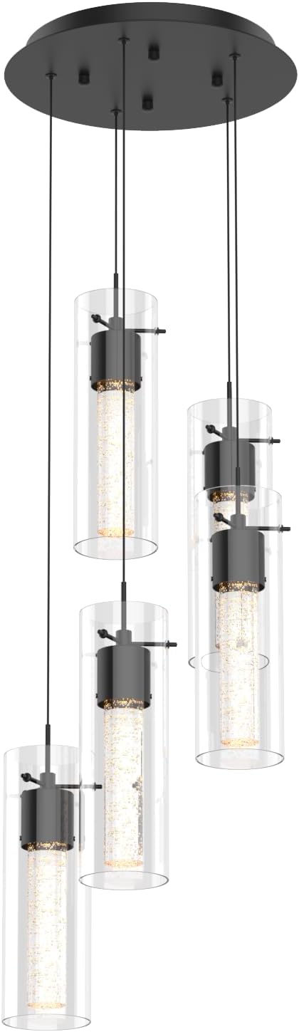 Alice 5-Light Chandelier Pendant Ceiling Light, Integrated Led and Bubble Glass, for Kitchen Island, Hallway, Entryway, Passway, Dining Room, Bedroom, Balcony Living Room (Black)
