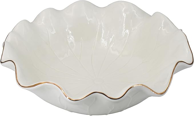10" Large White Ruffle Lotus Design with Gold Trim Ceramic Fruit Bowl, Decorative Leaf Floral Bowl for Coffee Table Kitchen Counter and Home Decor Approx Capacity 45 fl oz