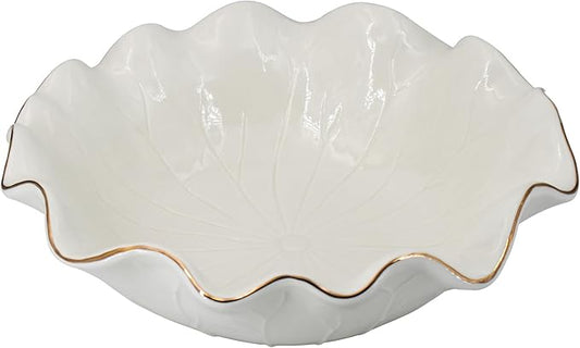 10" Large White Ruffle Lotus Design with Gold Trim Ceramic Fruit Bowl, Decorative Leaf Floral Bowl for Coffee Table Kitchen Counter and Home Decor Approx Capacity 45 fl oz