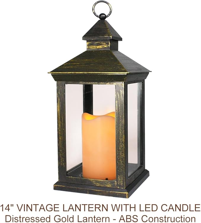 Bright Zeal 2-PACK 14 Inch Vintage Decorative Candle Lanterns With Timer - IP44 Waterproof Distressed Gold Decorative Outdoor Lanterns Battery Powered - Hanging Decorative Lanterns For Wedding Indoors